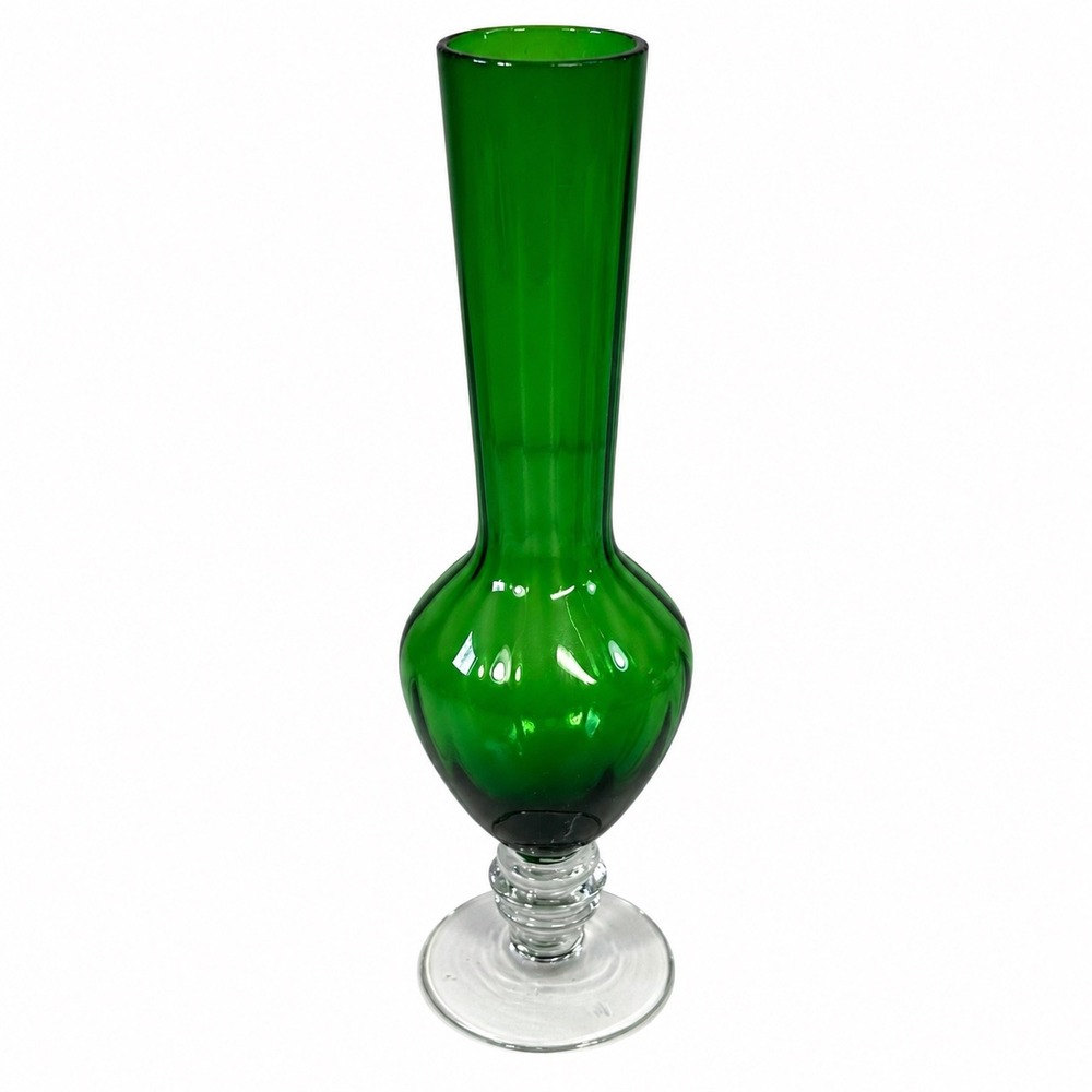 Vintage Emerald Green Art Glass Bud Vase Clear Stem Foot 8.5" Hand Blown